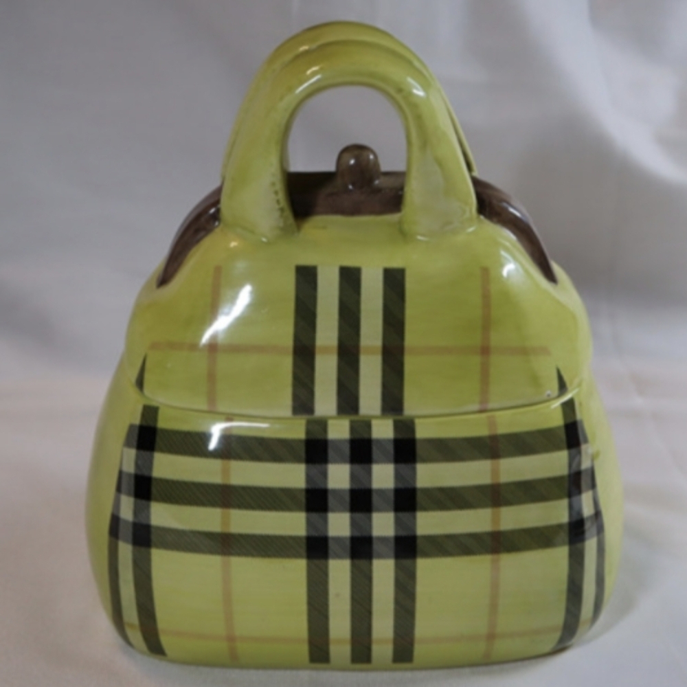 Vintage Lime Green Plaid Hand Painted Ceramic Pocketbook Cookie Jar w/Lid